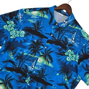 SheLucki XXL Hawaiian Button Down Shirt Mens Tropical Beach Aloha Blue XXL